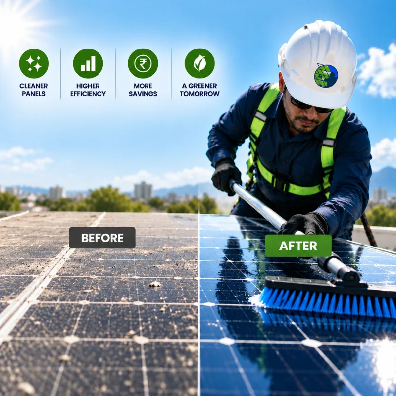 Before and after solar panel cleaning comparison