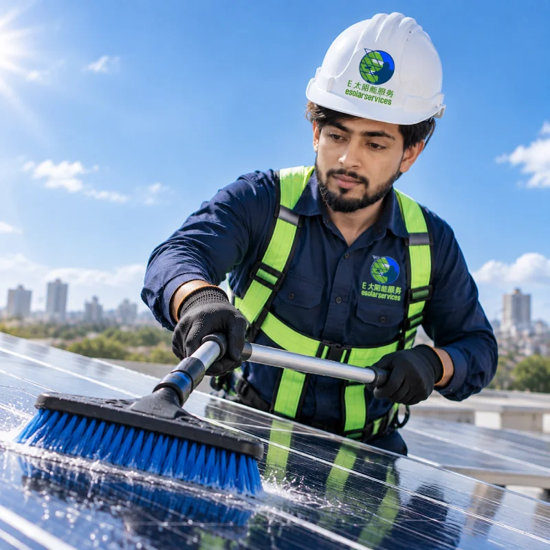 Safe professional solar panel cleaning in progress